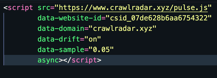 The CrawlRadar tracking script tag, ready to paste into a website
